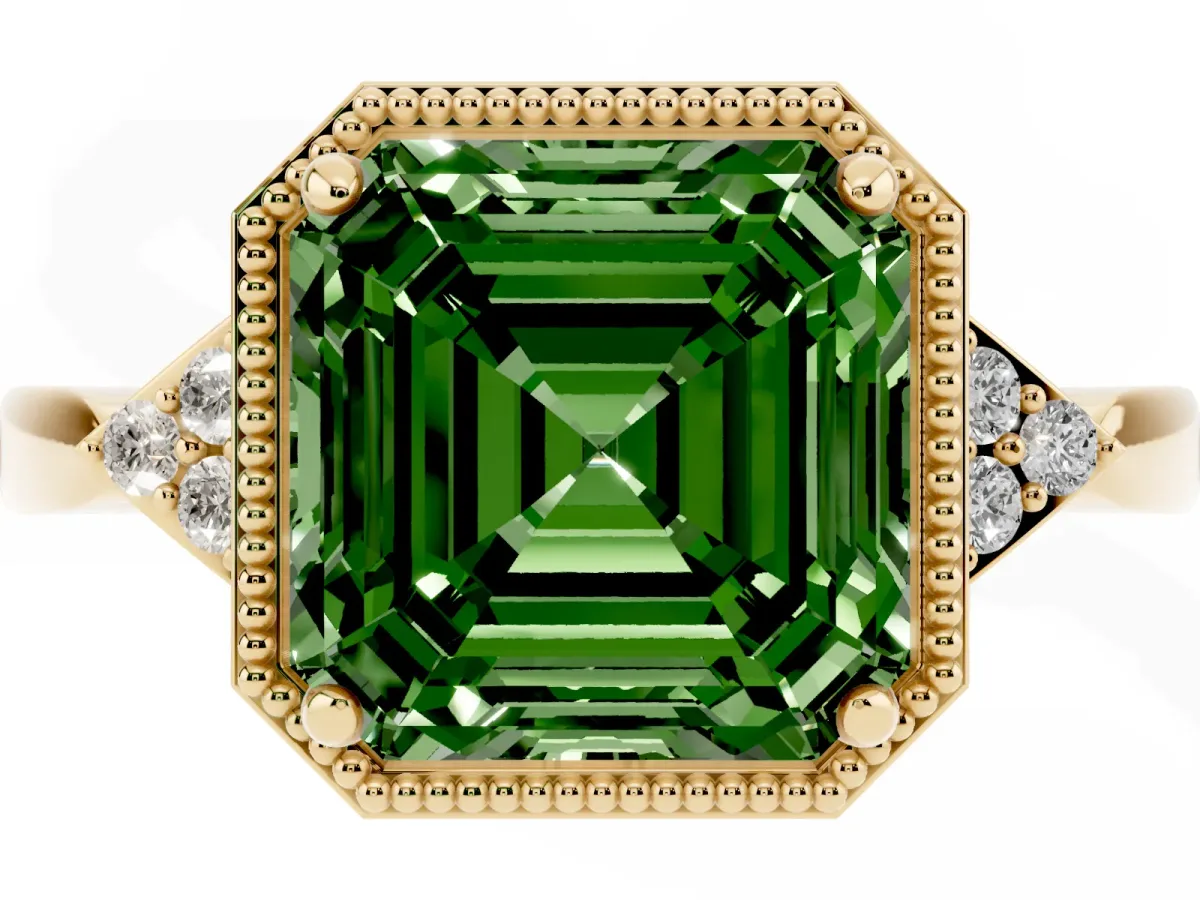 Fancy Green Asscher Cut Diamond Halo Ring with Tapered Band and Four-Prong Setting Yellow gold