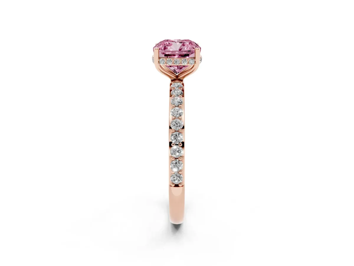 Fancy Pink Cushion Cut Diamond Solitaire Ring with Pavé Band and Hidden Halo Rose gold