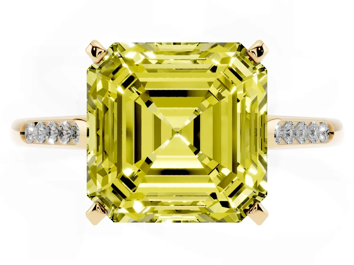 Fancy Yellow Asscher Cut Diamond Solitaire Ring with Channel Set Round Band and Prong Setting Yellow gold