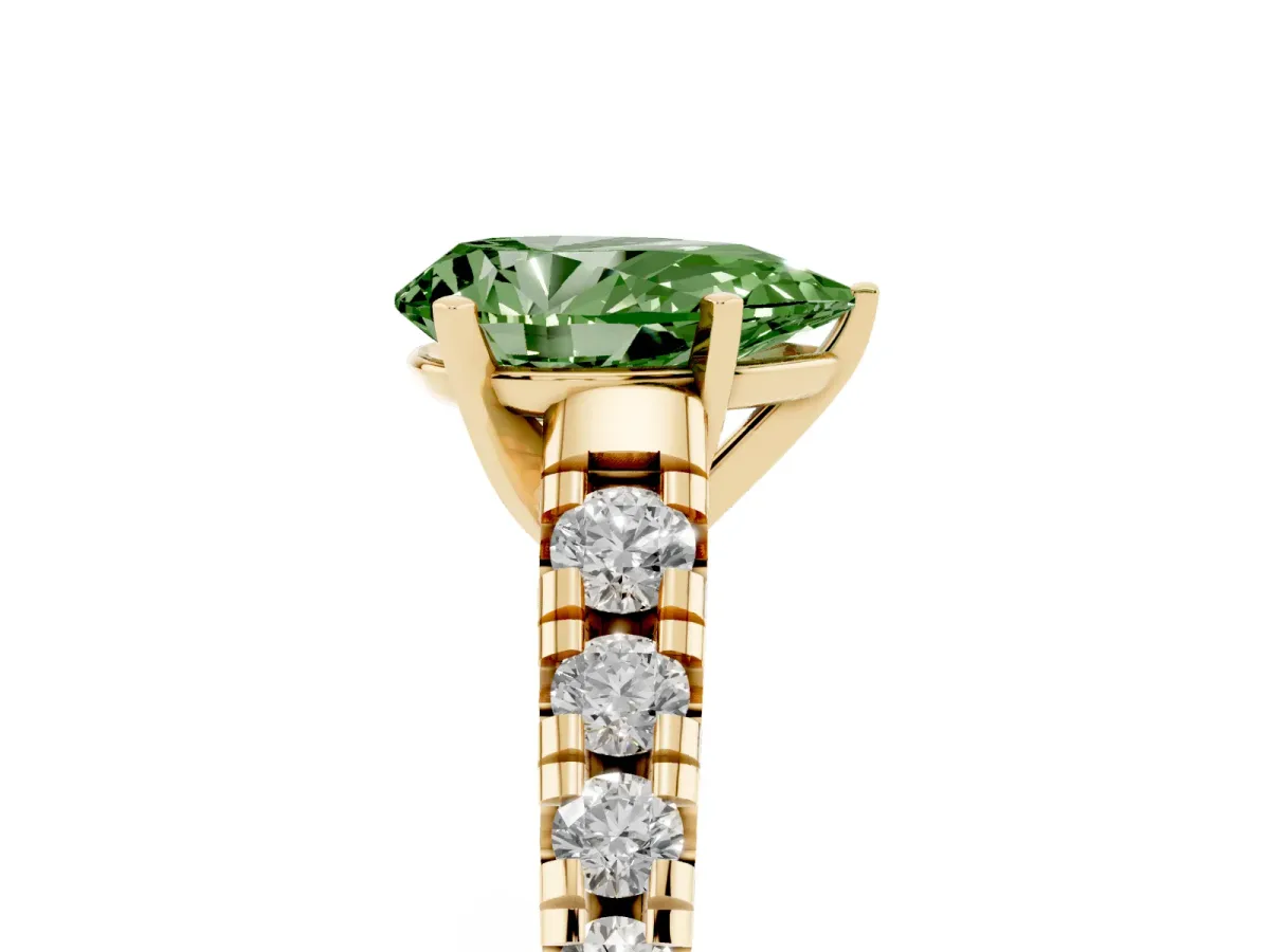 Fancy Green Pear Cut Diamond Cathedral Solitaire Ring with Round Pavé Band Yellow gold
