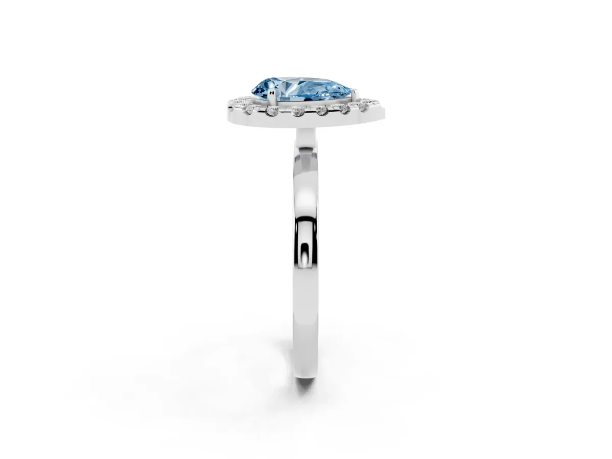 Fancy Blue Pear Cut Halo Diamond Solitaire with Pavé Band and Four-Prong Setting Silver