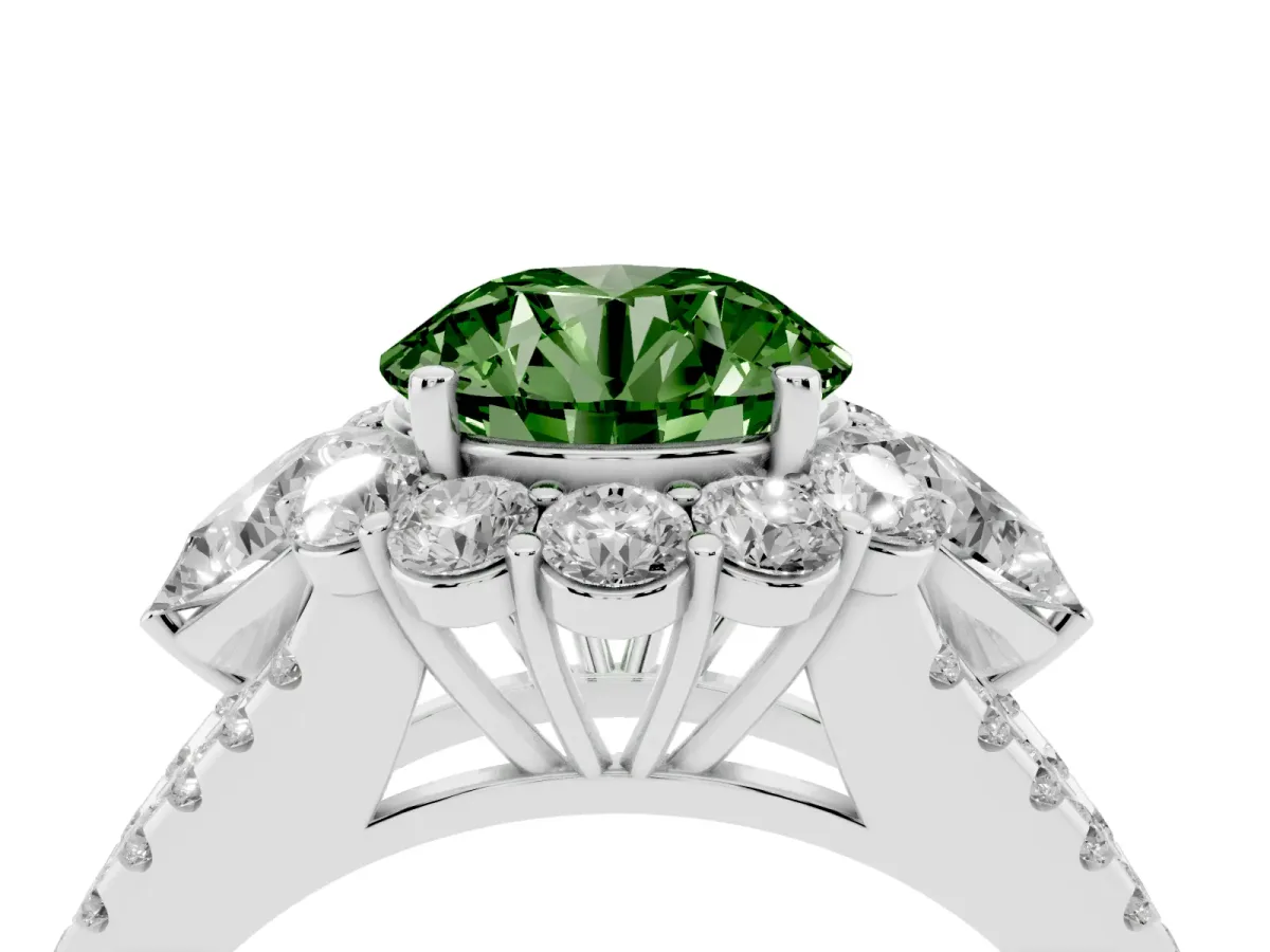 Fancy Green Round Cut Halo Split Shank Diamond Engagement Ring with Prong Setting Silver