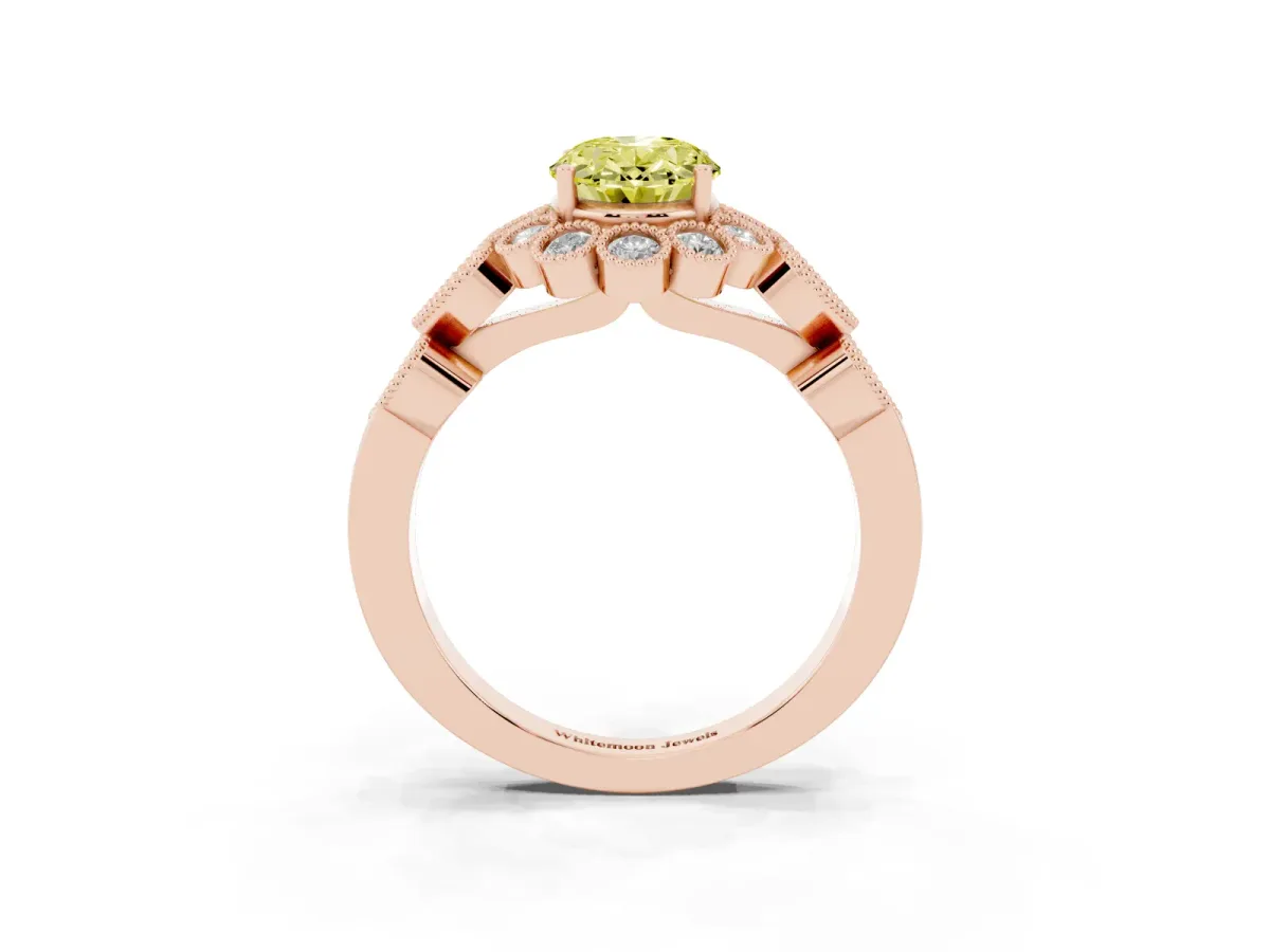 Fancy Yellow Oval Cut Brilliant Milgrain Pave Heart Band Solitaire Ring Rose gold