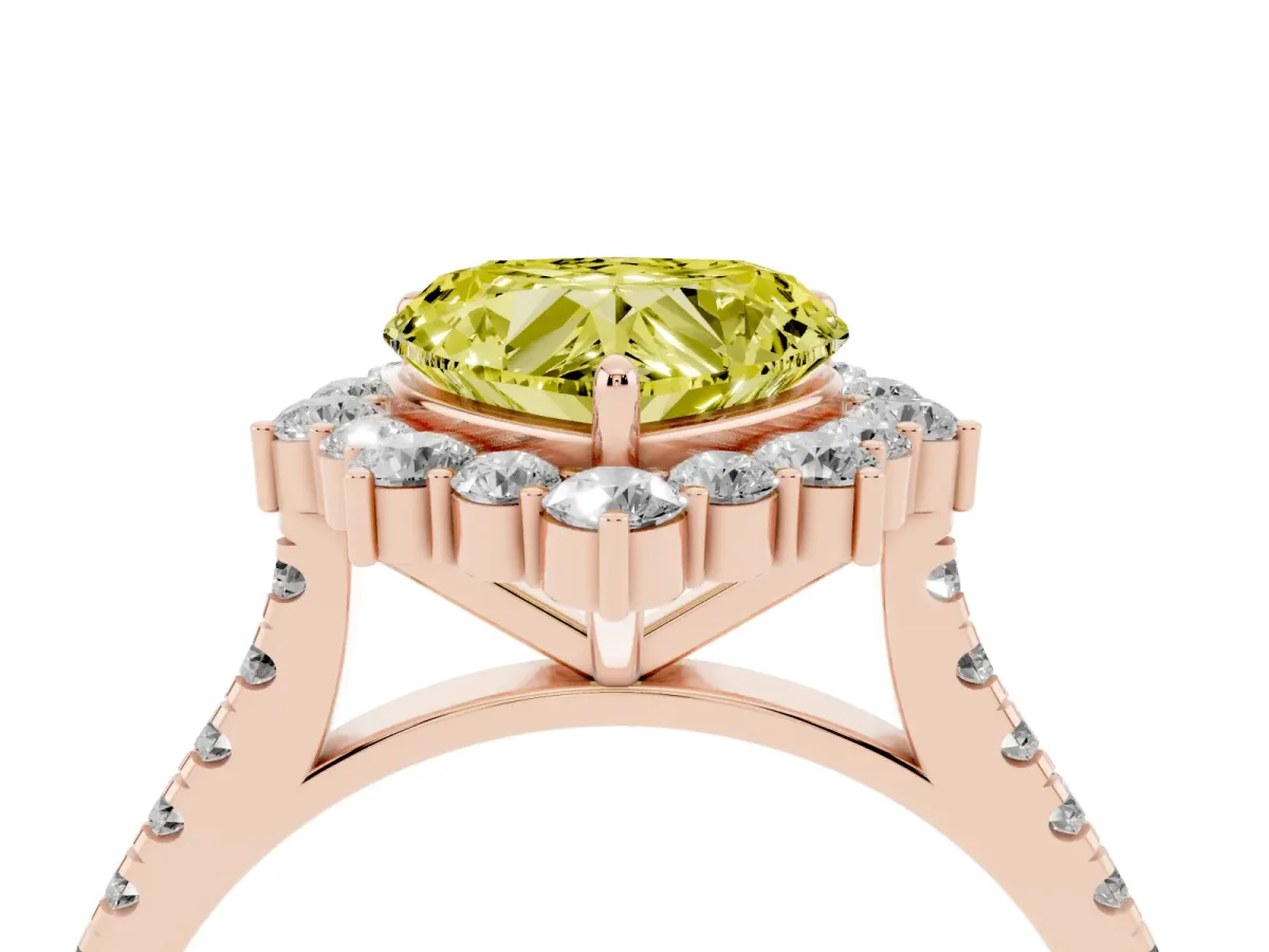 Fancy Yellow Heart Cut Halo Diamond Ring with Pavé Band and Prong Setting Rose gold