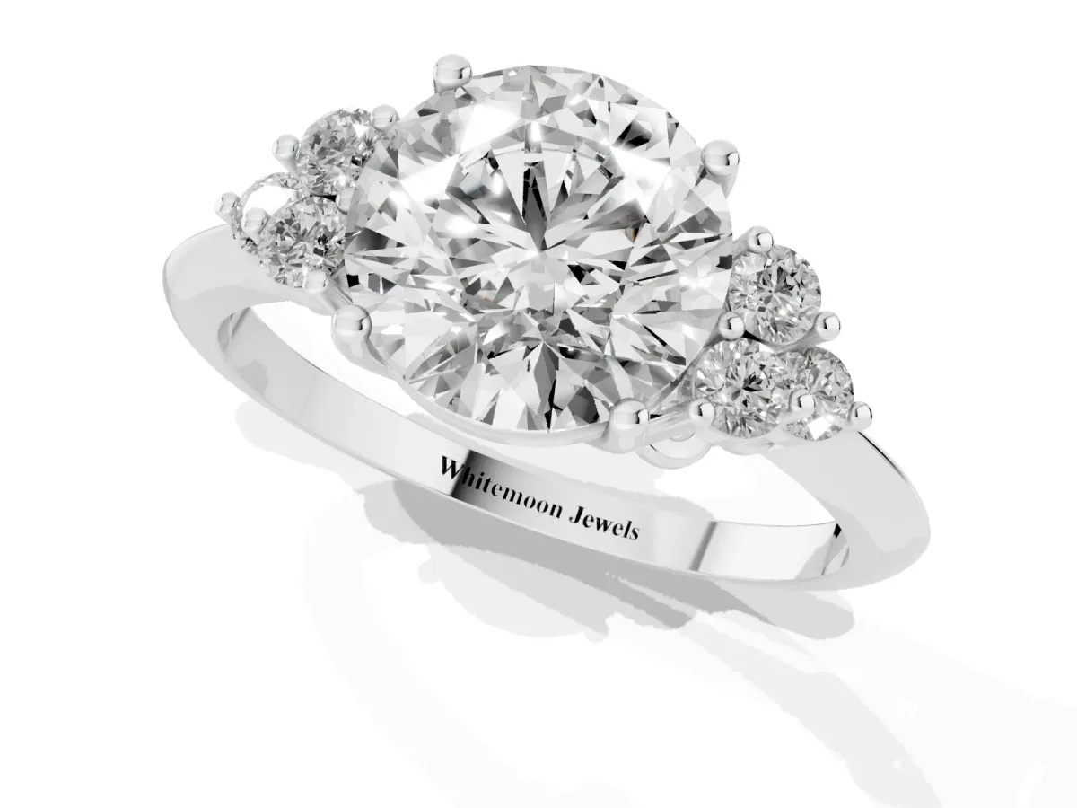 Round Cut Cut Diamond Cluster Ring with Solitaire Band and Four-Prong Setting Silver