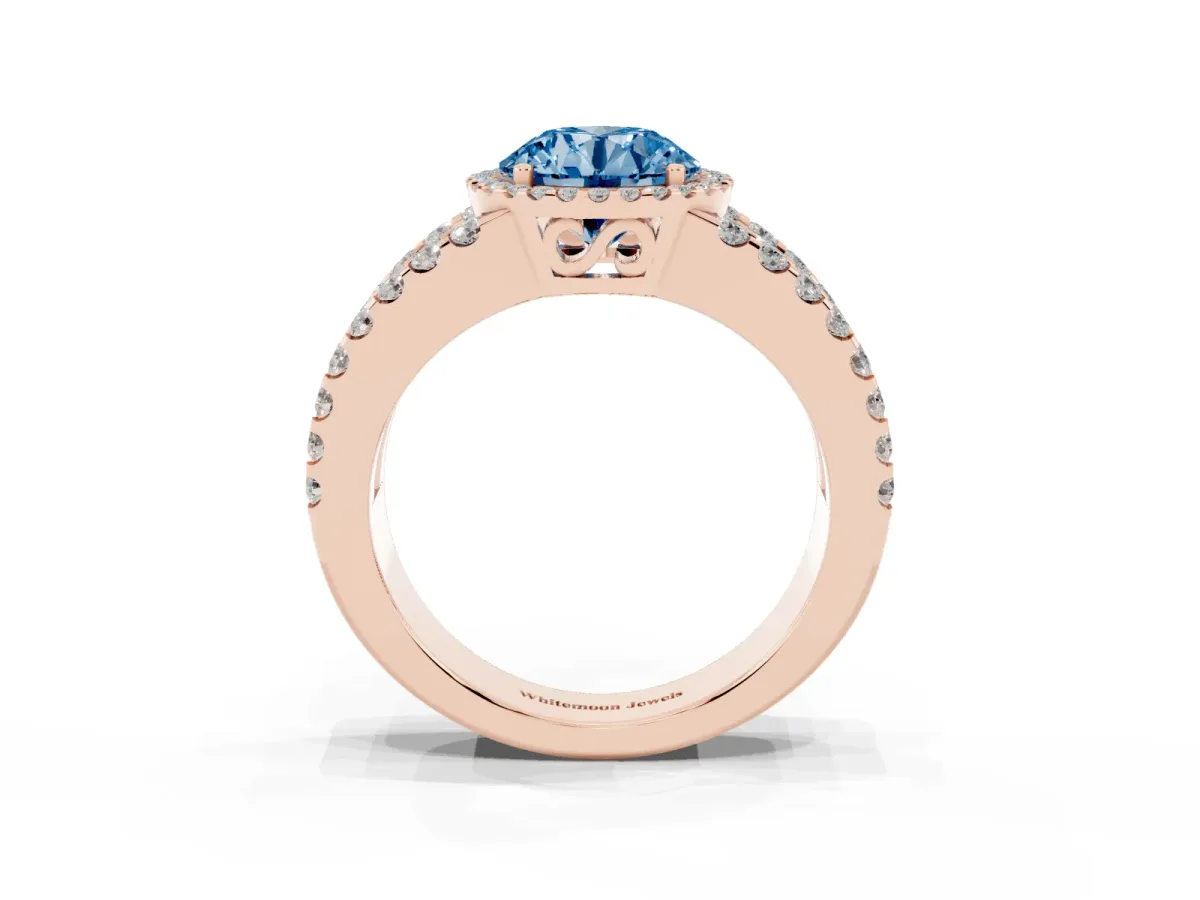 Fancy Blue Round Cut Cut Halo Split Shank Diamond Ring with Four-Prong Setting Rose gold