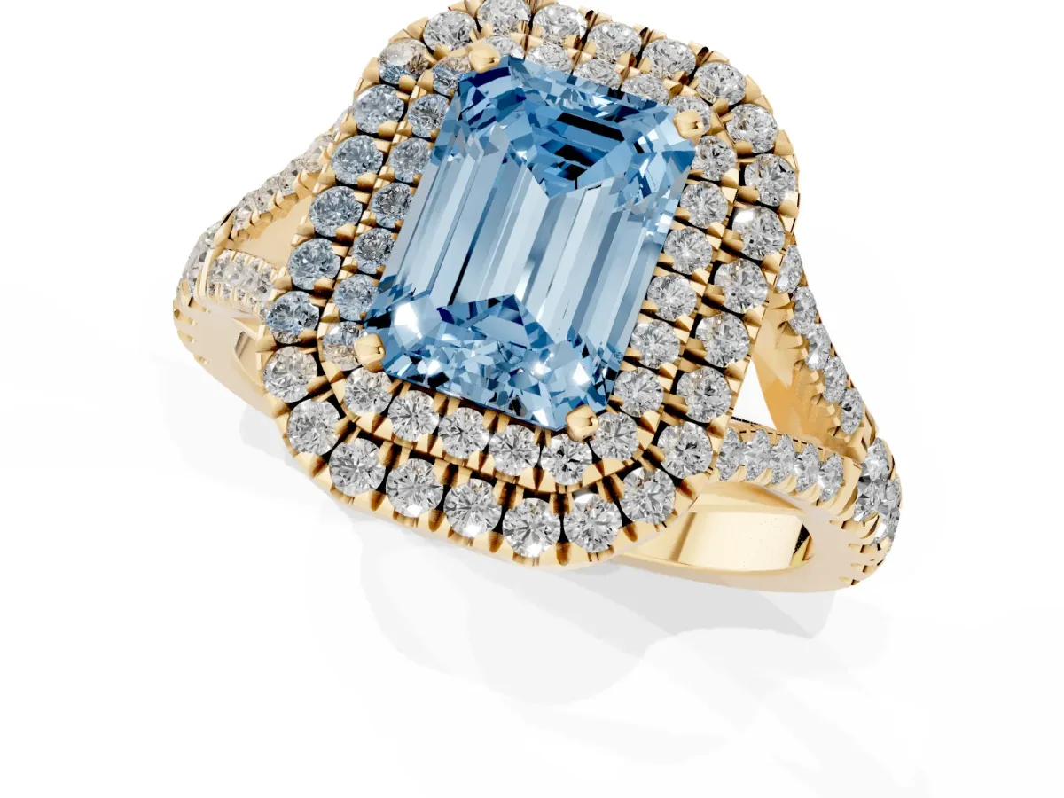 Fancy Blue Emerald Cut Diamond Pavé Split Shank Double Halo Engagement Ring Yellow gold