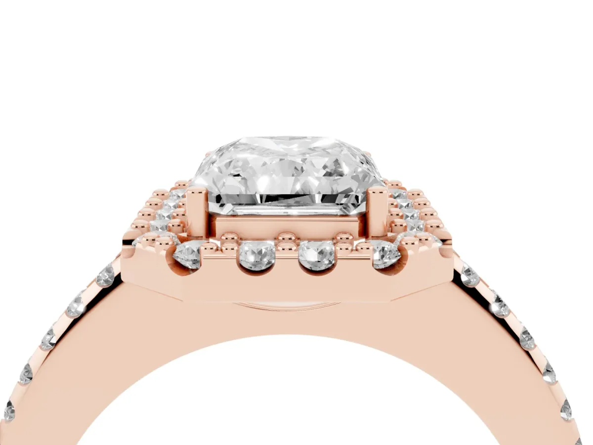 Radiant Cut Diamond Pavé Halo Ring with Four-Prong Setting Rose gold