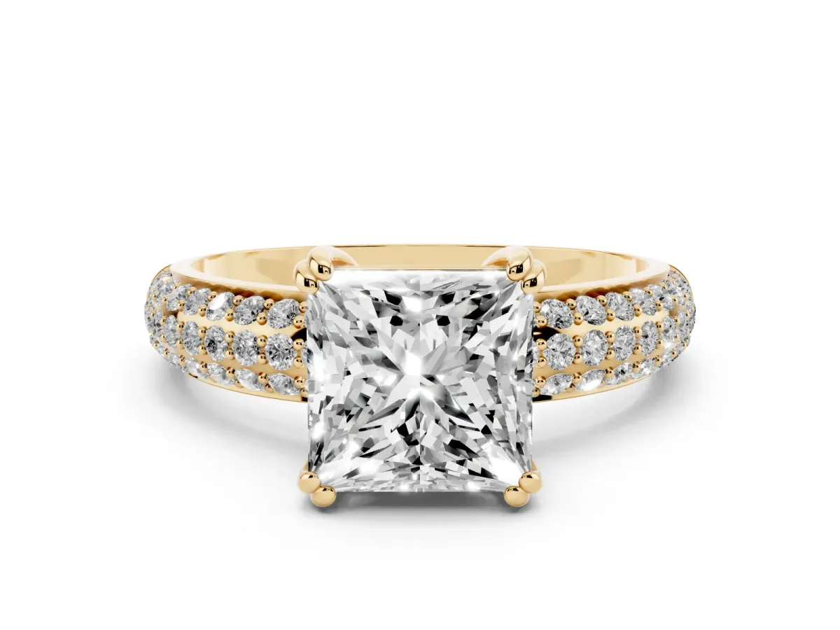 Princess Cut Diamond Solitaire Ring with Multi-Row Round Pavé Band and Prong Setting Yellow gold