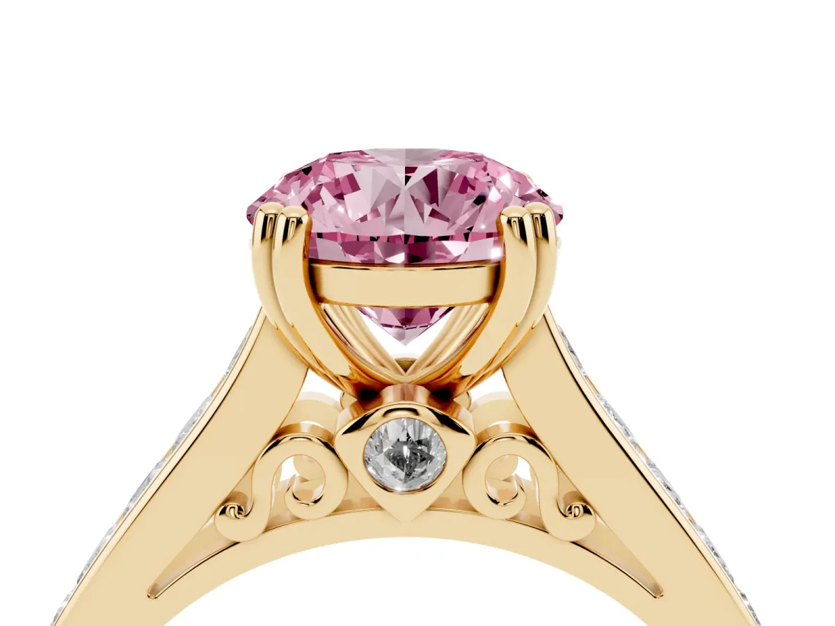 Fancy Pink Round Cut Cut Channel Set Solitaire Engagement Ring with Prong Setting Yellow gold