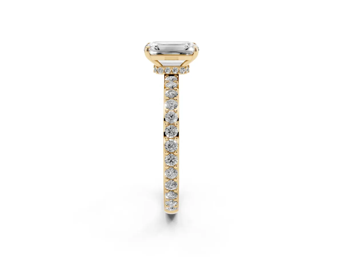 Emerald Cut Diamond Pavé Engagement Ring with Round Accents and Prong Setting Yellow gold