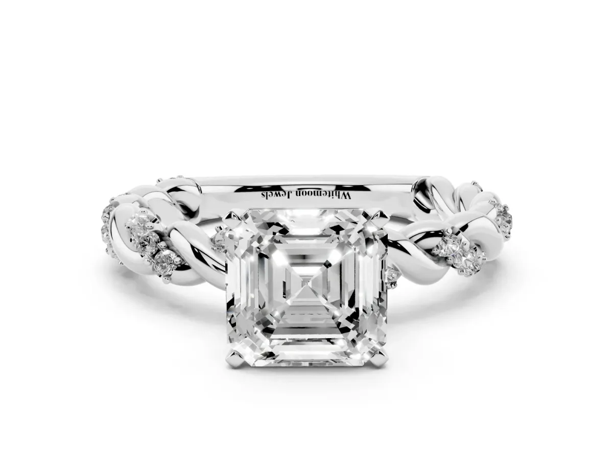 Asscher Cut Diamond Solitaire Ring with Twisted Band and Pavé Accents Silver