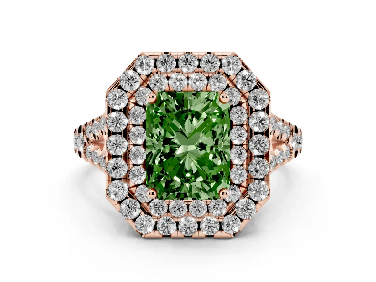 Fancy Green Double Halo Radiant Cut Diamond Pavé Split Shank Ring with Prong Setting Rose gold