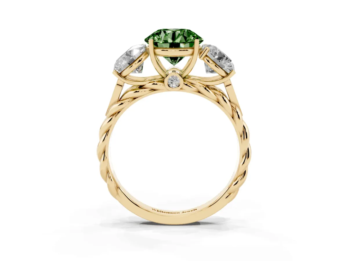 Fancy Green Three-Stone Round Cut Diamond Braided Band Ring with Four-Prong Setting Yellow gold