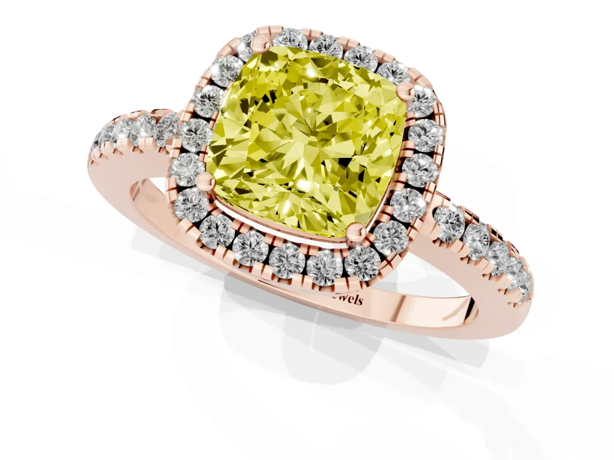 Fancy Yellow Cushion Cut Halo Diamond Engagement Ring with Pavé Band and Four-Prong Setting Rose gold