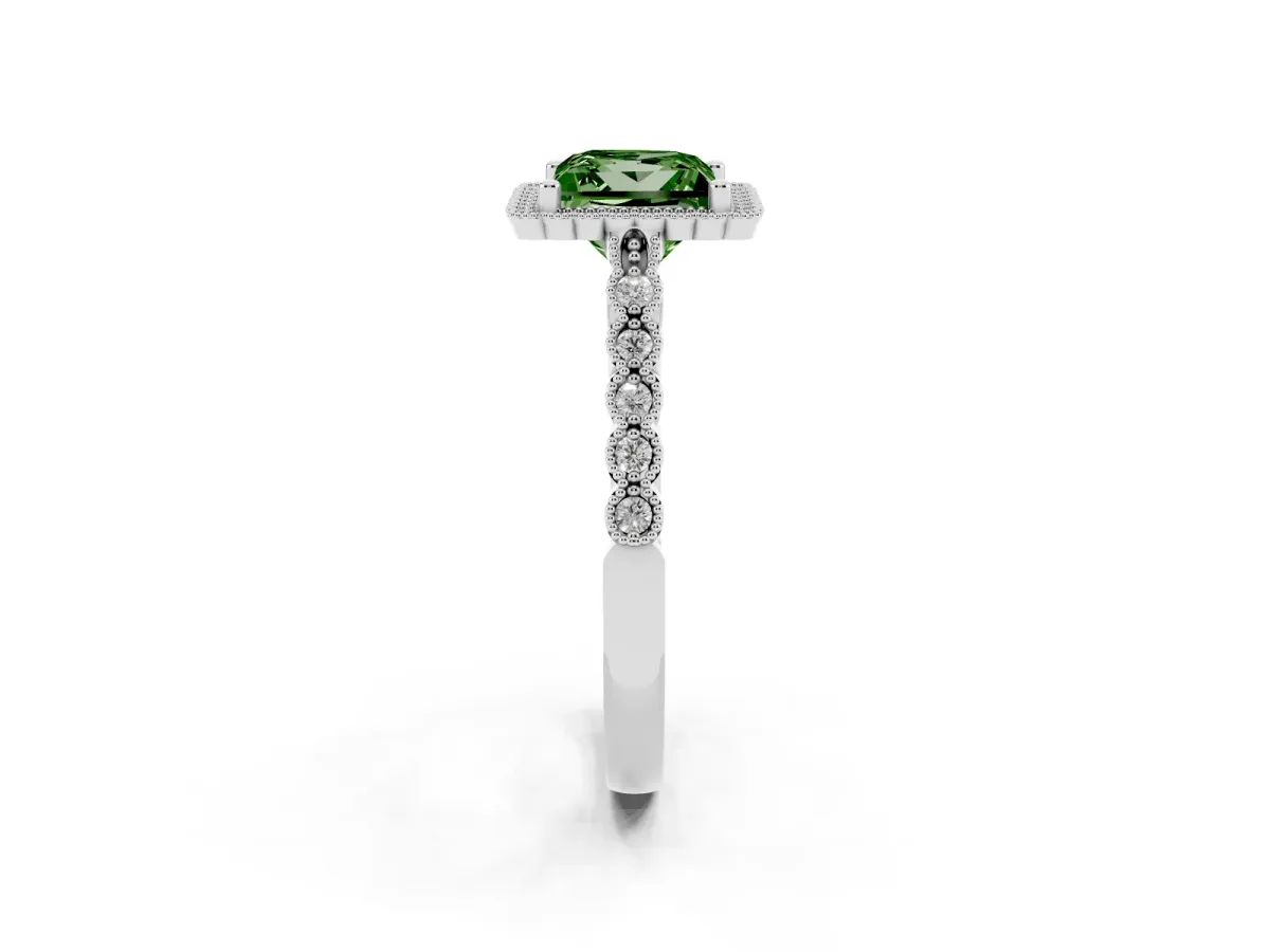 Fancy Green Princess Cut Cut Halo Pavé Solitaire Ring with Milgrain Band Platinum