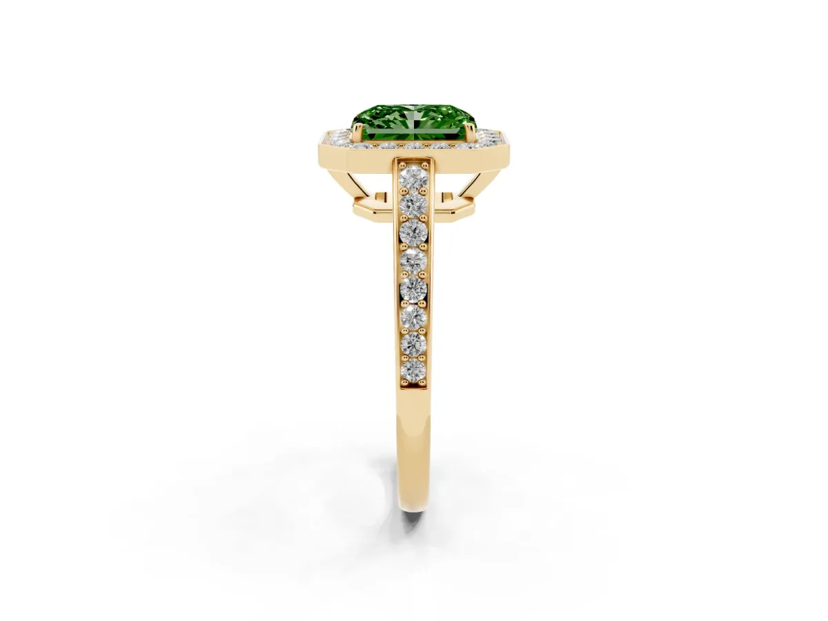 Fancy Green Radiant Cut Halo Pavé Diamond Engagement Ring with Bezel Setting Yellow gold