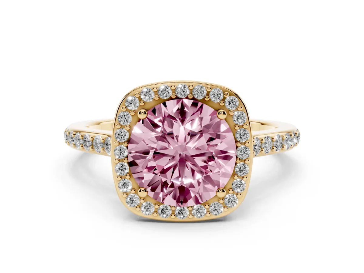 Fancy Pink Round Cut Diamond Halo Engagement Ring with Round Pavé Shoulders and Prong Setting Yellow gold