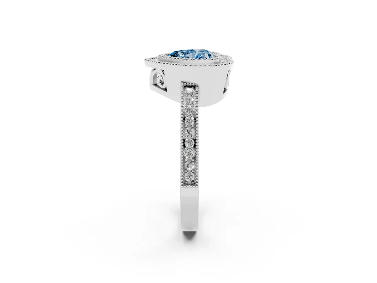 Fancy Blue Heart Cut Cut Halo Diamond Ring with Pavé Band and Milgrain Prong Setting Platinum