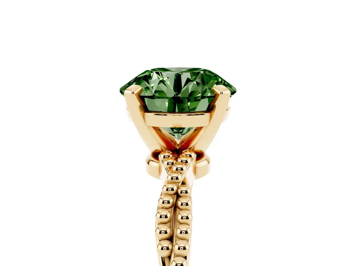 Fancy Green Round Cut Solitaire Twisted Band with Bead Prong Setting Yellow gold