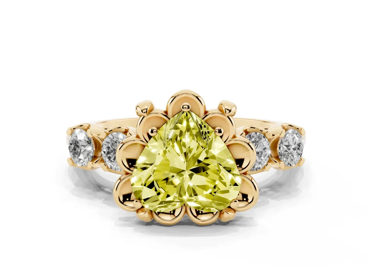 Fancy Yellow Heart Cut Cut Diamond Floral Halo Engagement Ring with Shared Prong Setting Yellow gold