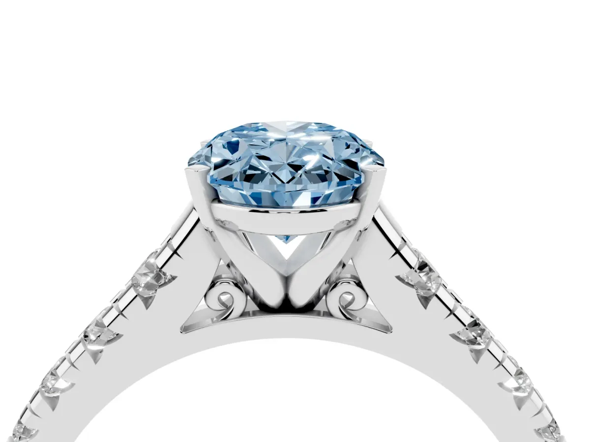 Fancy Blue Oval Cut Diamond Cathedral Solitaire Ring with Round Pavé Band Silver