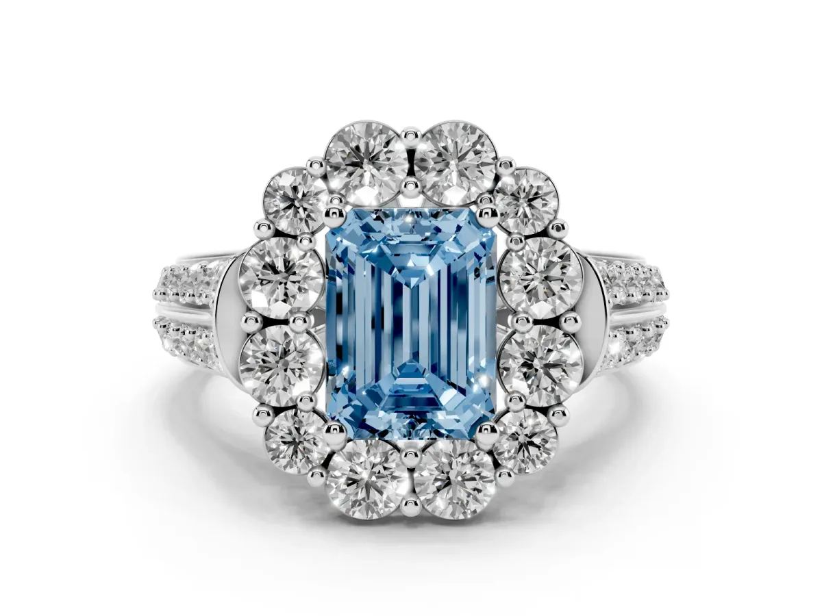 Fancy Blue Emerald Cut Halo Diamond Engagement Ring with Split Shank and Prong Setting Silver