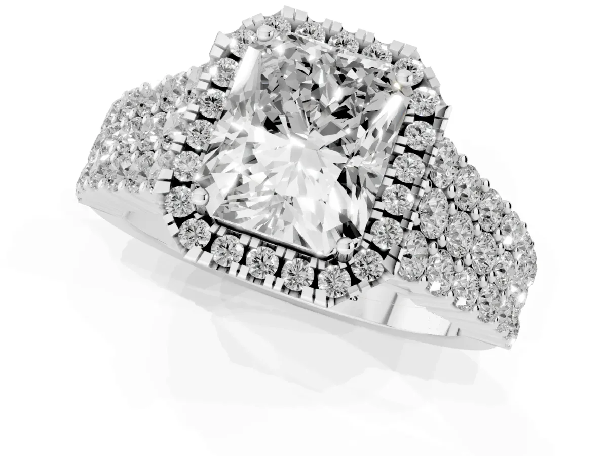 Radiant Cut Diamond Halo Engagement Ring with Triple Row Round Pavé Band and Prong Setting Platinum