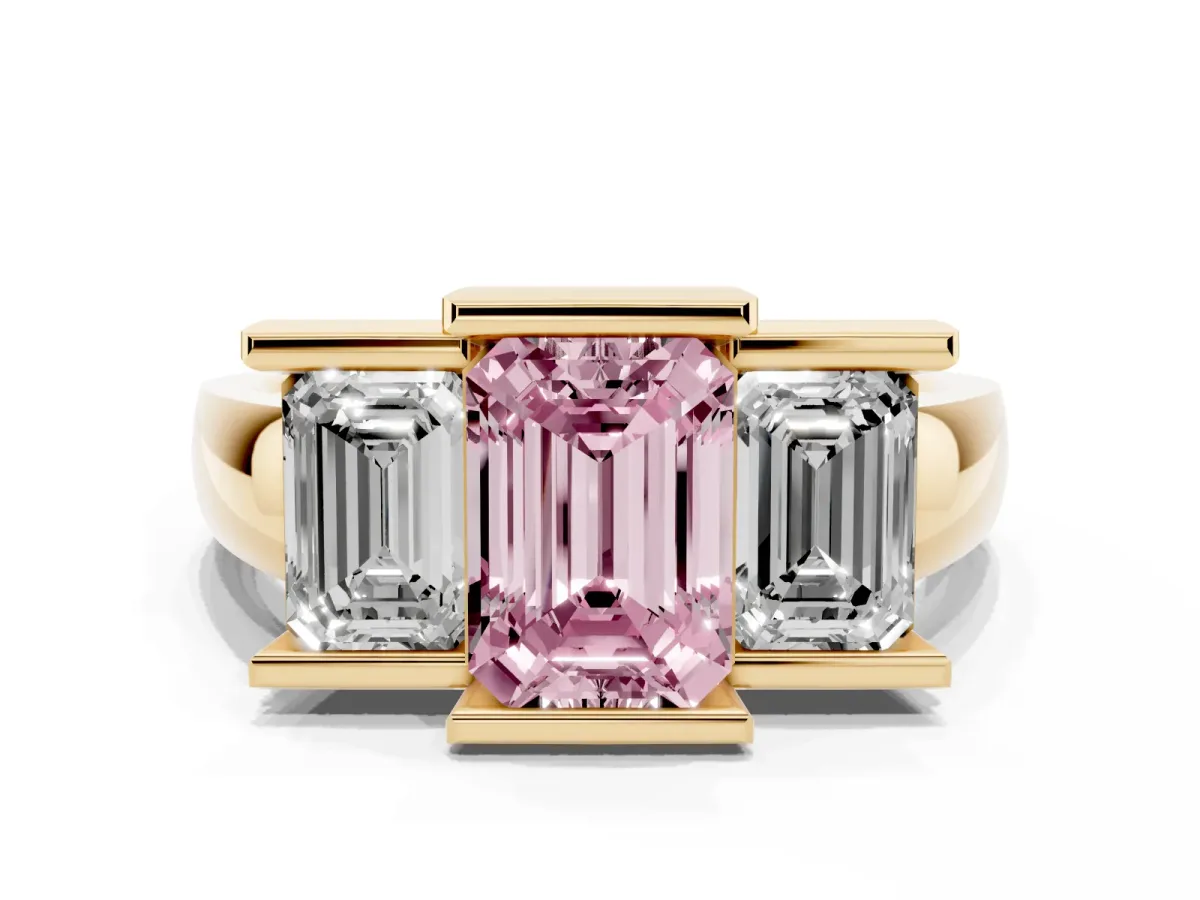 Fancy Pink Three Stone Emerald Cut Cut Channel Set Diamond Ring Yellow gold