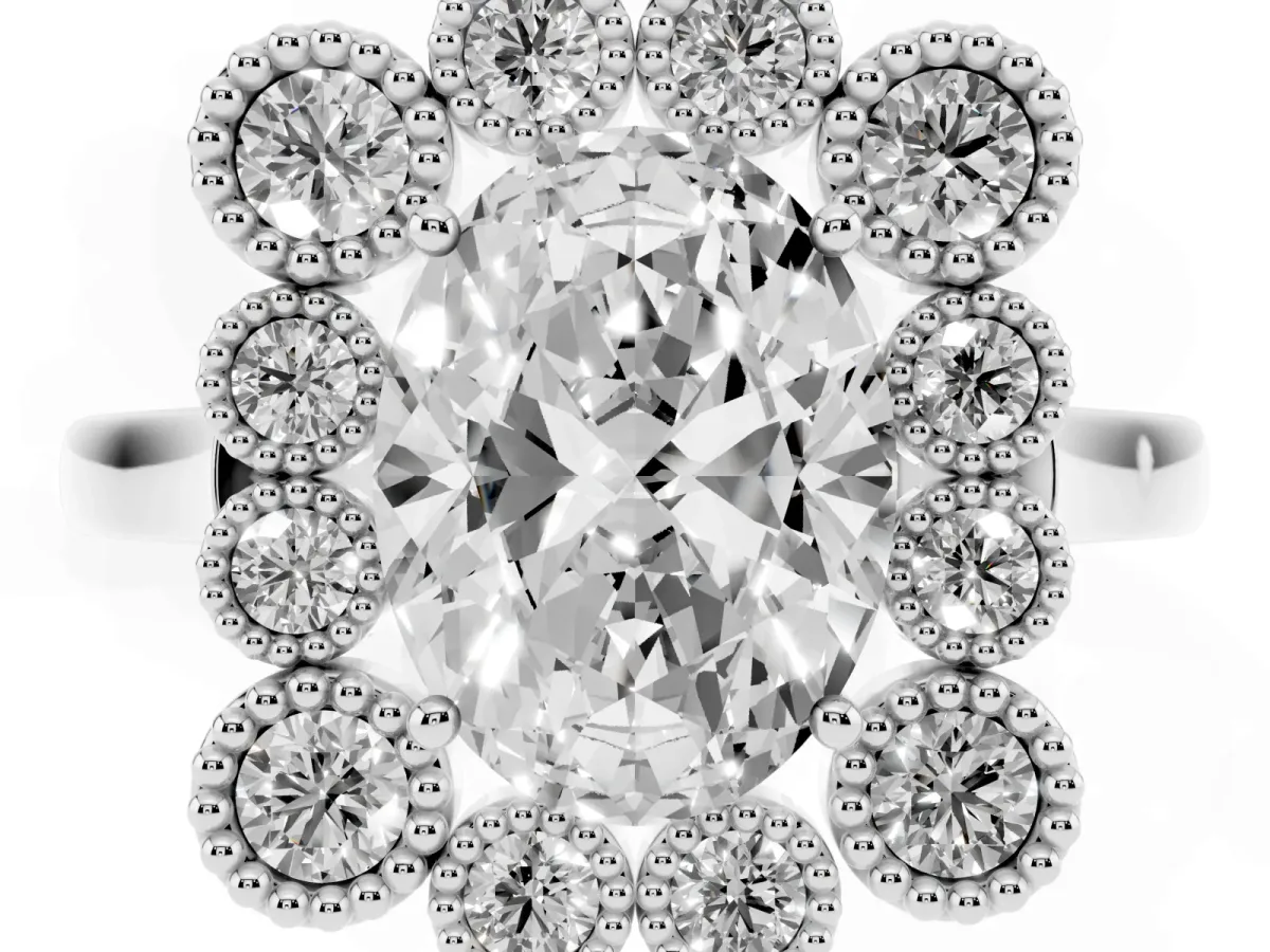 Oval Cut Halo Diamond Cluster Engagement Ring with Milgrain Bezel Setting and Solitaire Band White gold