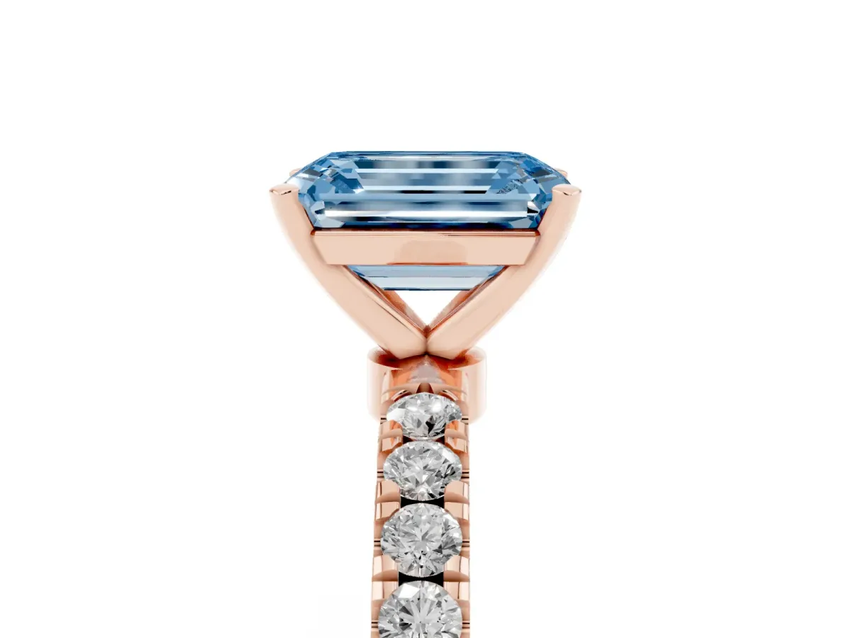 Fancy Blue Emerald Cut Diamond Solitaire Ring with Pavé Accents and Four-Prong Setting Rose gold