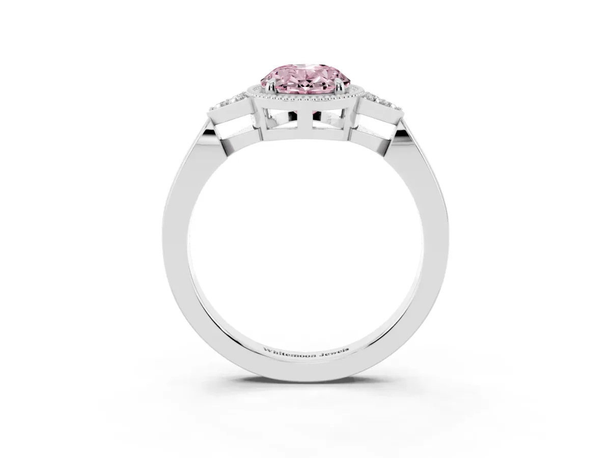 Fancy Pink Hexagonal Halo Oval Cut Diamond Solitaire with Pavé Band and Four-Prong Setting Platinum