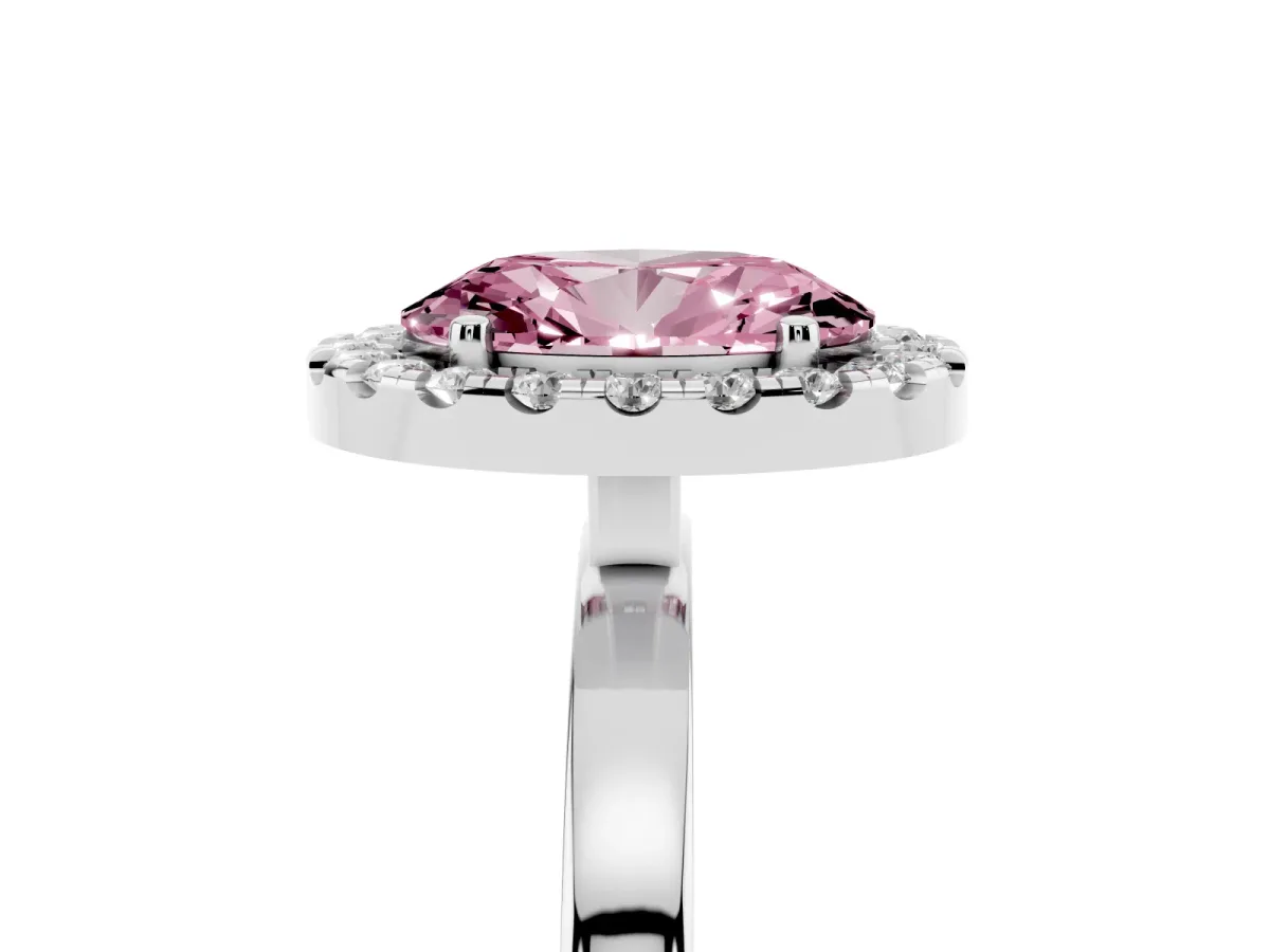 Fancy Pink Oval Cut Halo Diamond Solitaire with Pavé Band and Four-Prong Setting White gold
