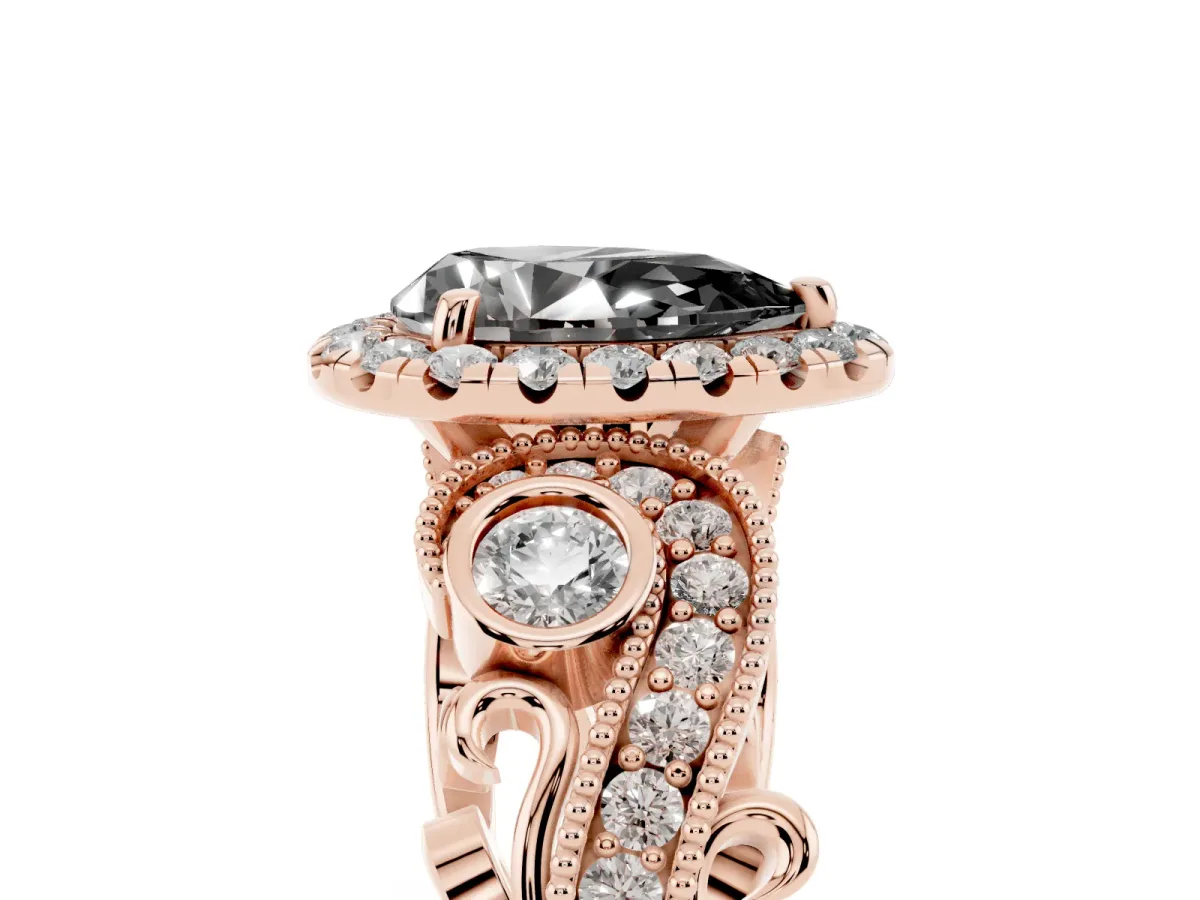Fancy Black Pear Cut Halo Diamond Ring with Milgrain and Bezel Accents on a Split Shank Band Rose gold