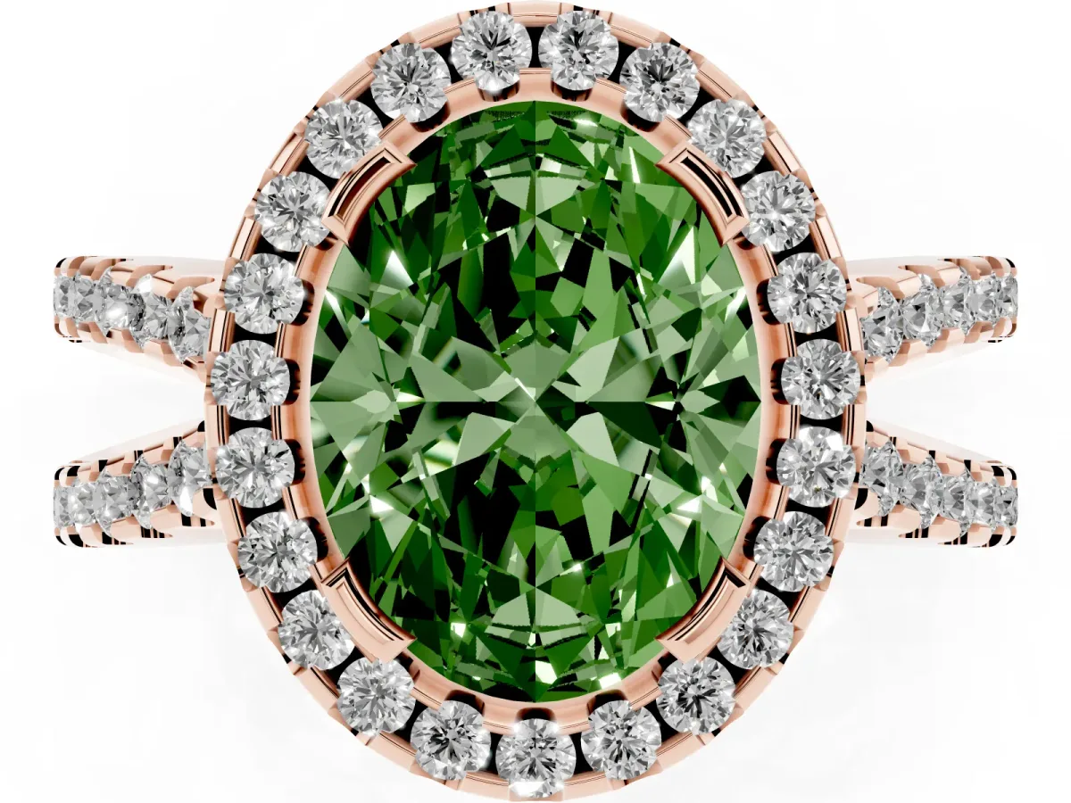 Fancy Green Oval Cut Diamond Halo Ring with Split Shank Pavé Band and Prong Setting Rose gold