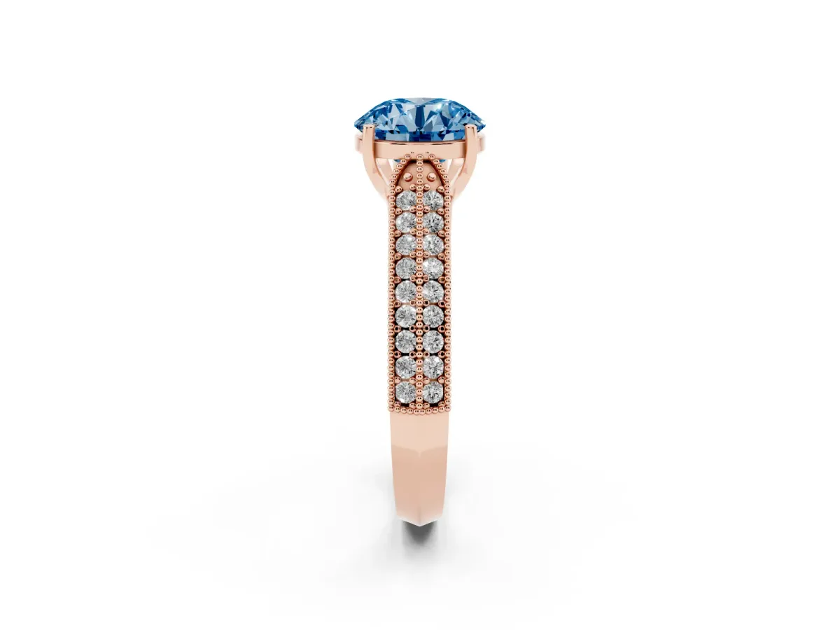 Fancy Blue Round Cut Cut Pave Split Shank Engagement Ring with Four-Prong Setting Rose gold