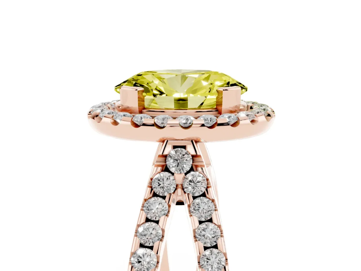 Fancy Yellow Oval Cut Diamond Halo Ring with Split Shank Pavé Band and Prong Setting Rose gold
