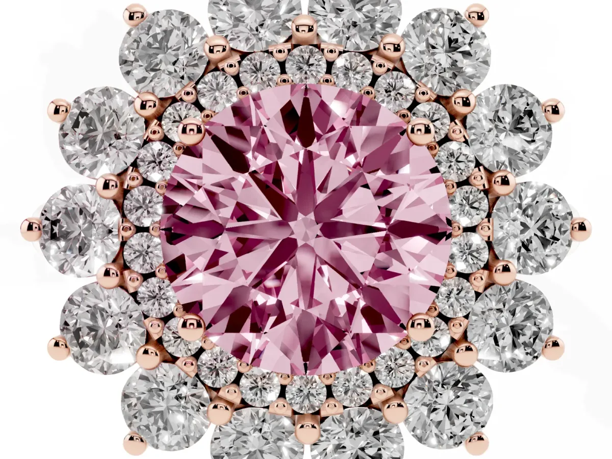 Fancy Pink Round Cut Diamond Floral Double Halo Engagement Ring with Prong Setting Rose gold
