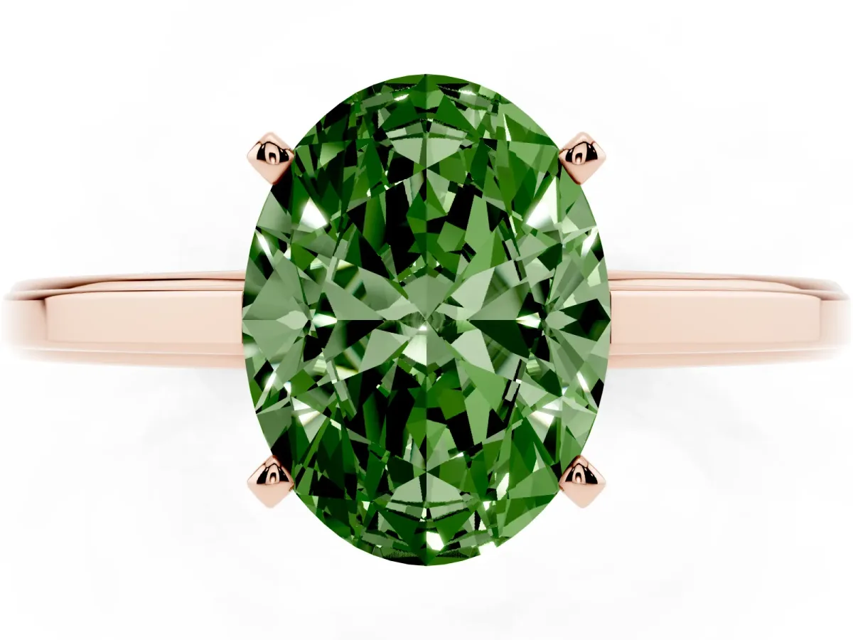 Fancy Green Oval Cut Solitaire Diamond Ring with Four-Prong Setting and Classic Band Rose gold