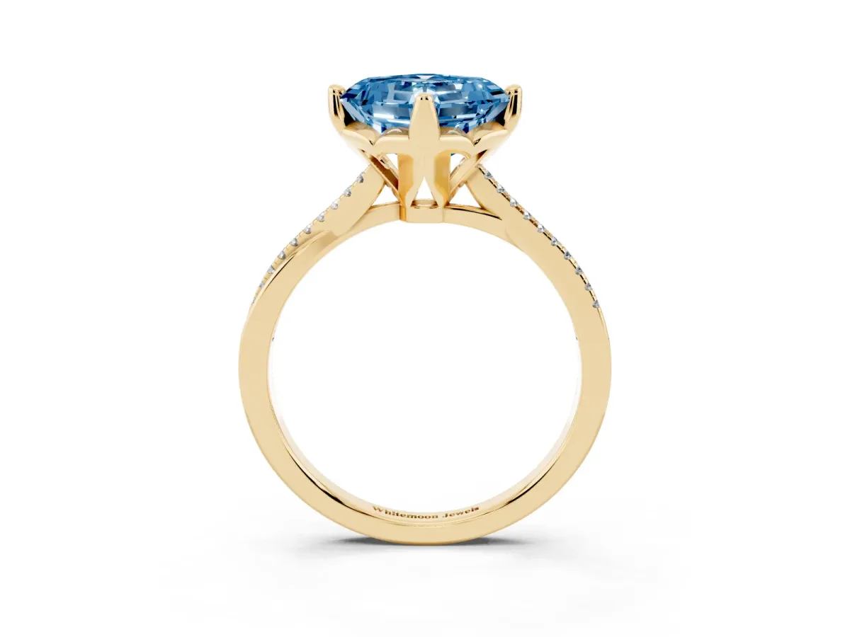 Fancy Blue Asscher Cut Solitaire Twist Band with Pavé Diamonds and Four-Prong Setting Yellow gold