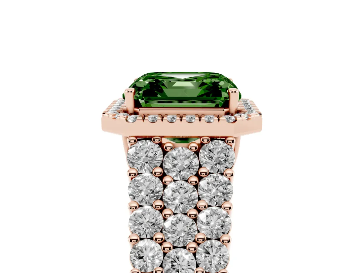 Fancy Green Asscher Cut Diamond Halo Engagement Ring with Triple Row Round Pavé Band and Prong Setting Rose gold