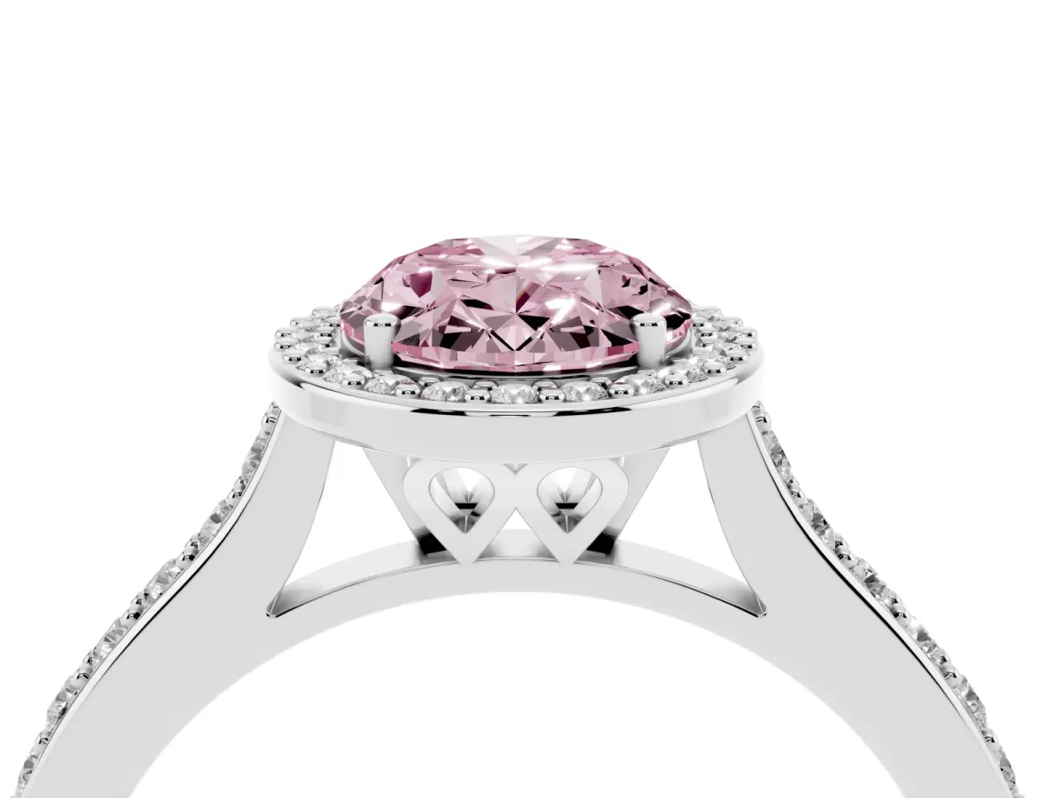 Fancy Pink Oval Cut Diamond Halo Engagement Ring with Round Pavé Shoulders and Prong Setting Platinum