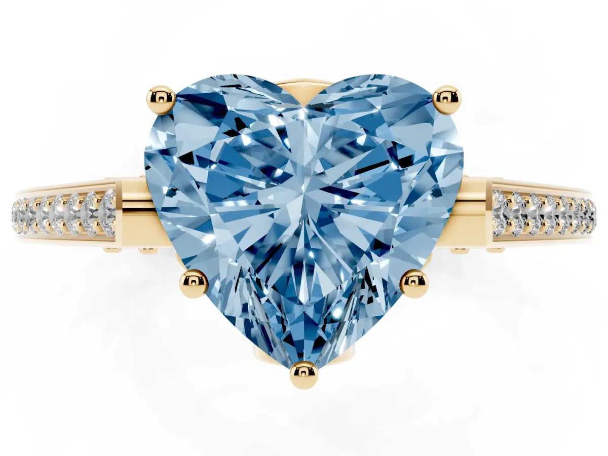 Fancy Blue Heart Cut Cut Cathedral Pave Diamond Engagement Ring with Six-Prong Setting Yellow gold