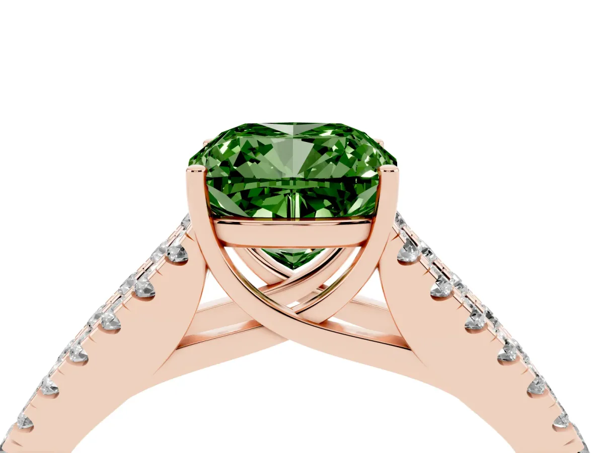 Fancy Green Cushion Cut Diamond Split Shank Pavé Engagement Ring with Four-Prong Setting Rose gold