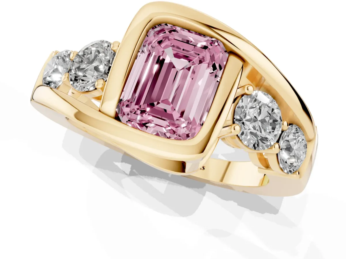 Fancy Pink Bezel Set Emerald Cut Diamond Bypass Ring with Round Accents Yellow gold