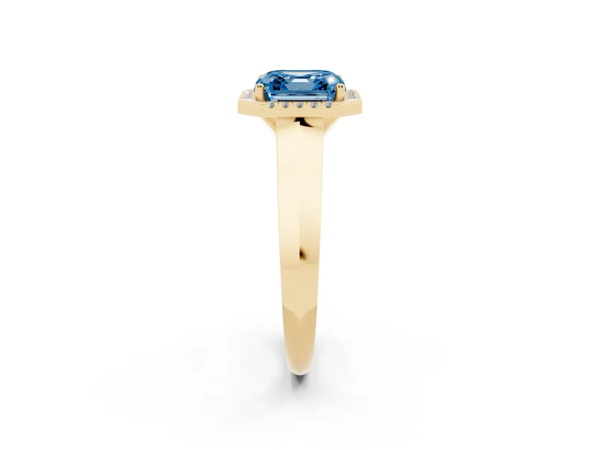 Fancy Blue Asscher Cut Halo Diamond Ring with Cathedral Band and Four-Prong Setting Yellow gold