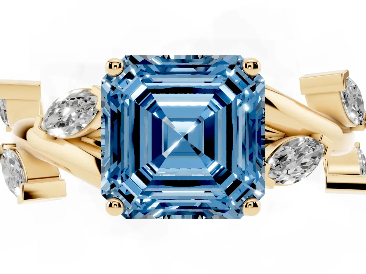Fancy Blue Asscher Cut Solitaire Twisted Band Marquise Accent Prong Setting Ring Yellow gold