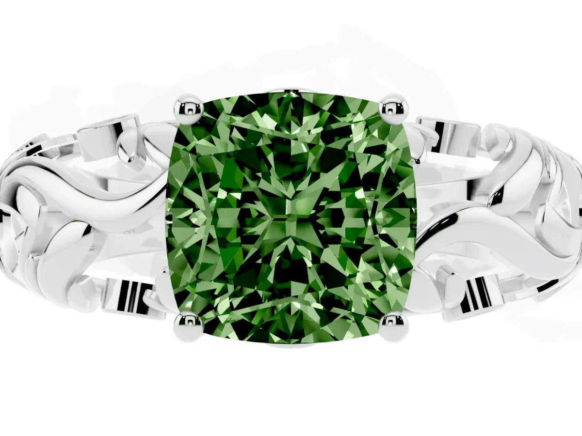 Fancy Green Cushion Cut Solitaire Diamond Leaf-Inspired Vine Band Ring with Prong Setting Platinum