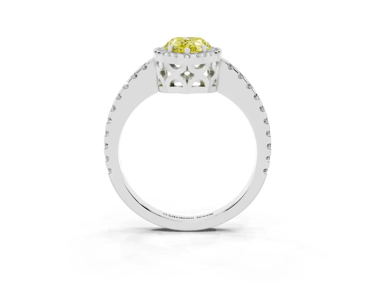 Fancy Yellow Pear Cut Diamond Halo Engagement Ring with Pavé Band and Prong Setting White gold