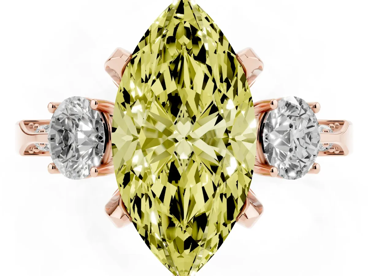 Fancy Yellow Marquise Cut Brilliant Three-Stone Diamond Ring with Pavé Band and Four-Prong Setting Rose gold